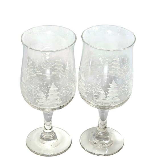 2 Lynns China Pines Water Goblets 7" Winter Scene white silhouette trees holiday - Picture 3 of 3